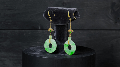 Inuyama Dangling Donut Icy Green Burmese A-Jade French Hook Earrings (with 18K Yellow Gold) - Certified