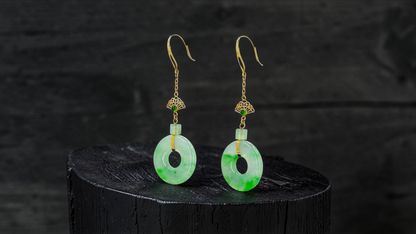 Inuyama Dangling Donut Icy Green Burmese A-Jade French Hook Earrings (with 18K Yellow Gold) - Certified