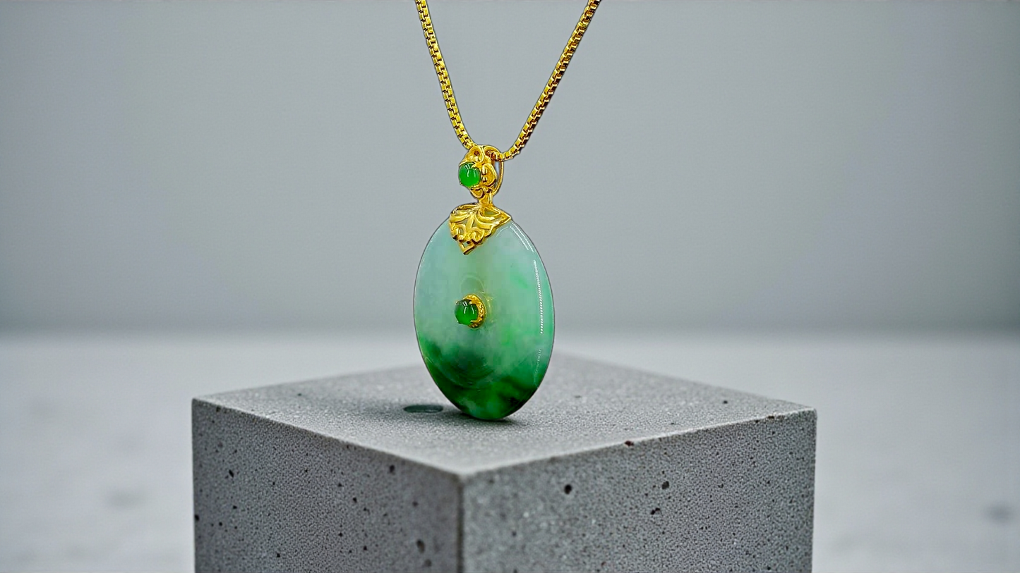 Emperors' Round Burmese A-Jadeite 21.00 mm Donut Pendant (with 18K Yellow Gold) - Certified - V11