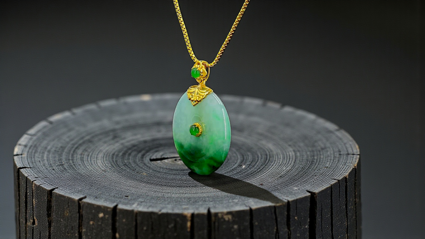 Emperors' Round Burmese A-Jadeite 21.00 mm Donut Pendant (with 18K Yellow Gold) - Certified - V11