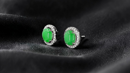 Eternal Sunshine Apple Green Burmese A-Jade Stud Earrings with Diamond Halo and 18K White Gold - Certified - V2