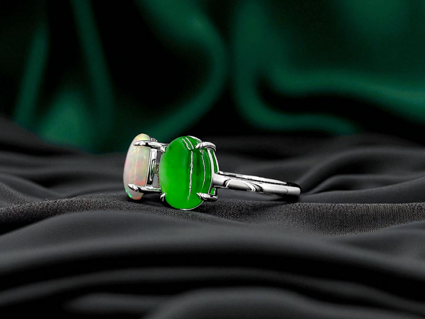 Opade Opulence Burmese A-Jadeite and Australian Opal Toi et Moi Ring Size US 6.5 with 18K White Gold - Certified V1