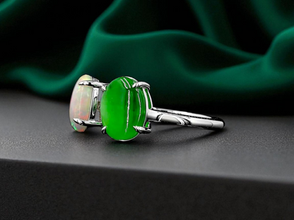 Opade Opulence Burmese A-Jadeite and Australian Opal Toi et Moi Ring Size US 6.5 with 18K White Gold - Certified V1