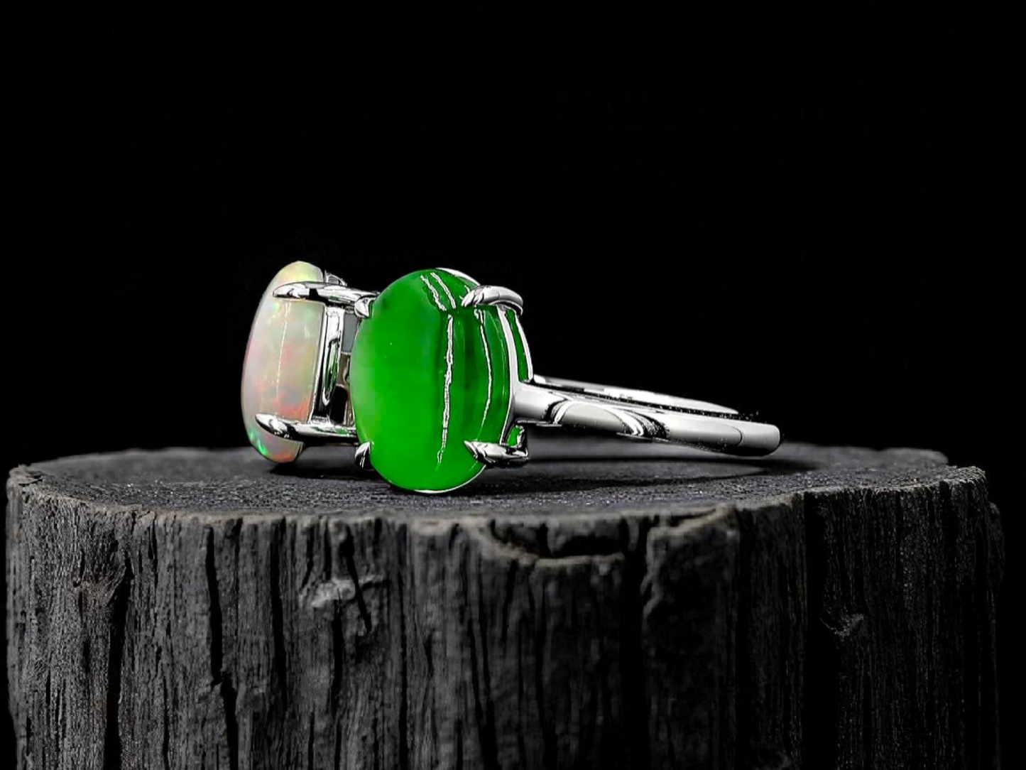 Opade Opulence Burmese A-Jadeite and Australian Opal Toi et Moi Ring Size US 6.5 with 18K White Gold - Certified V1