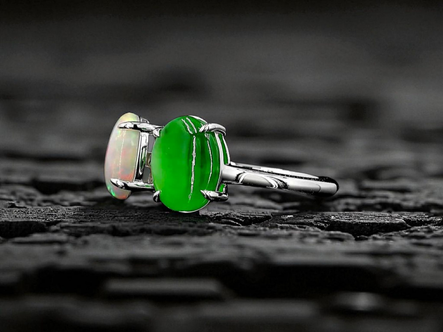 Opade Opulence Burmese A-Jadeite and Australian Opal Toi et Moi Ring Size US 6.5 with 18K White Gold - Certified V1