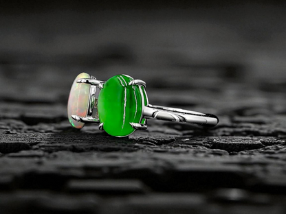 Opade Opulence Burmese A-Jadeite and Australian Opal Toi et Moi Ring Size US 6.5 with 18K White Gold - Certified V1