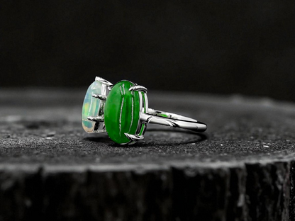 Opade Elegance Burmese A-Jadeite and Australian Opal Toi et Moi Ring Size US 7 with 14K White Gold - Certified V1