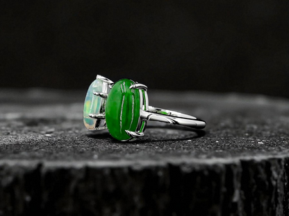 Opade Elegance Burmese A-Jadeite and Australian Opal Toi et Moi Ring Size US 7 with 14K White Gold - Certified V1