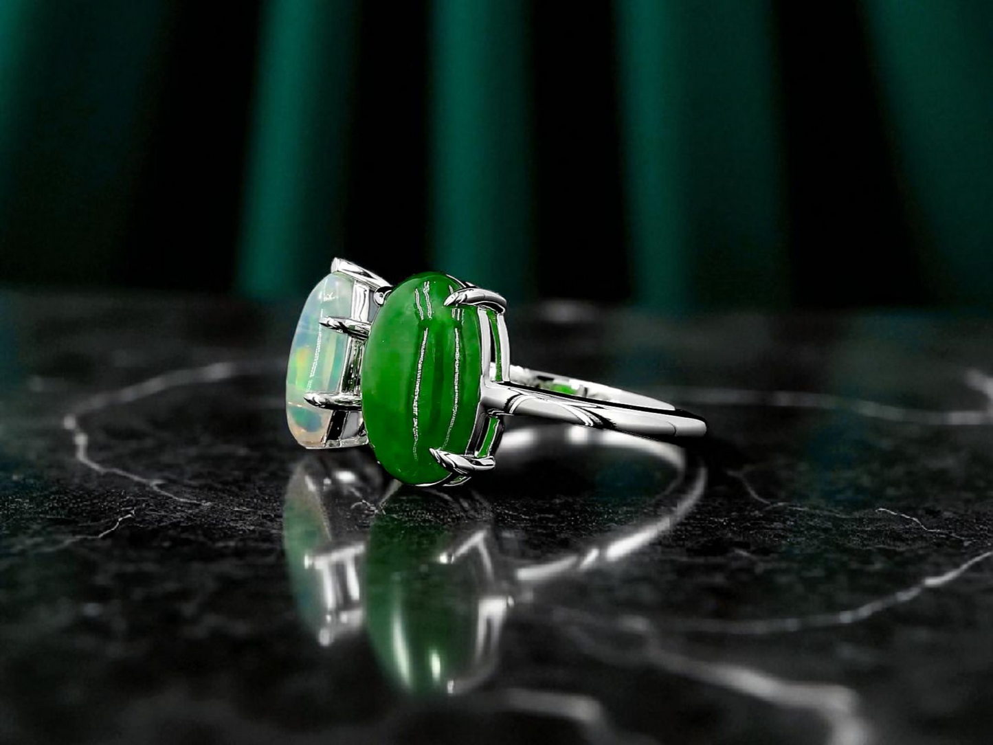 Opade Elegance Burmese A-Jadeite and Australian Opal Toi et Moi Ring Size US 7 with 14K White Gold - Certified V1