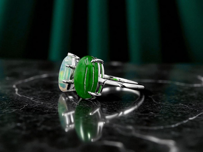 Opade Elegance Burmese A-Jadeite and Australian Opal Toi et Moi Ring Size US 7 with 14K White Gold - Certified V1