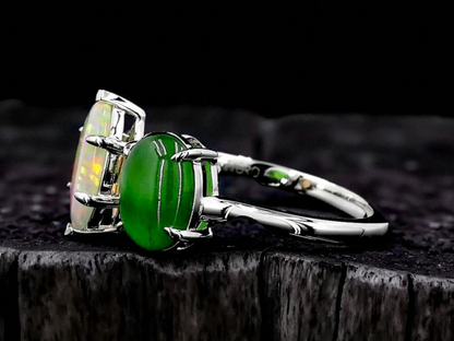 Opade Elegance Burmese A-Jadeite and Australian Opal Toi et Moi Ring Size US 8 with 14K White Gold - Certified V2