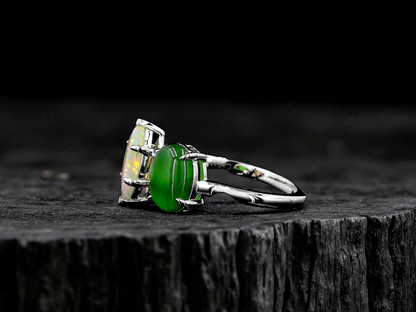 Opade Elegance Burmese A-Jadeite and Australian Opal Toi et Moi Ring Size US 8 with 14K White Gold - Certified V2