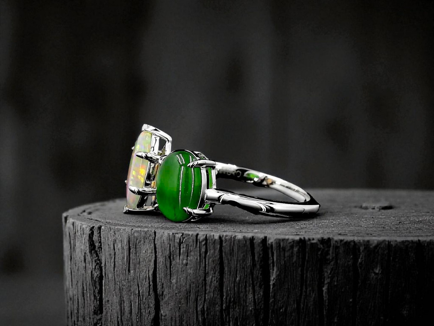 Opade Elegance Burmese A-Jadeite and Australian Opal Toi et Moi Ring Size US 8 with 14K White Gold - Certified V2