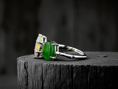 Opade Elegance Burmese A-Jadeite and Australian Opal Toi et Moi Ring Size US 8 with 14K White Gold - Certified V2