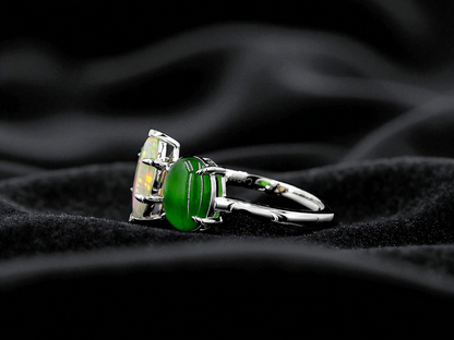 Opade Elegance Burmese A-Jadeite and Australian Opal Toi et Moi Ring Size US 8 with 14K White Gold - Certified V2