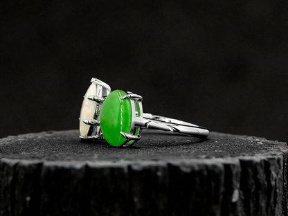 Opade Elegance Burmese A-Jadeite and Australian Opal Toi et Moi Ring Size US 7 with 14K White Gold - Certified V3