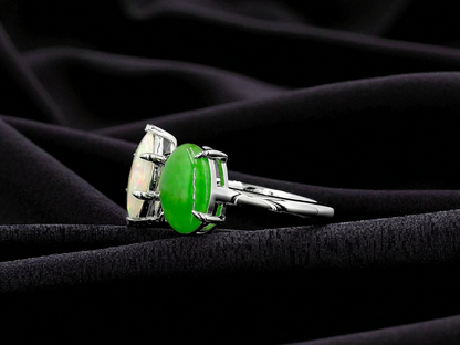 Opade Elegance Burmese A-Jadeite and Australian Opal Toi et Moi Ring Size US 7 with 14K White Gold - Certified V3
