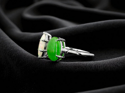 Opade Elegance Burmese A-Jadeite and Australian Opal Toi et Moi Ring Size US 7 with 14K White Gold - Certified V3