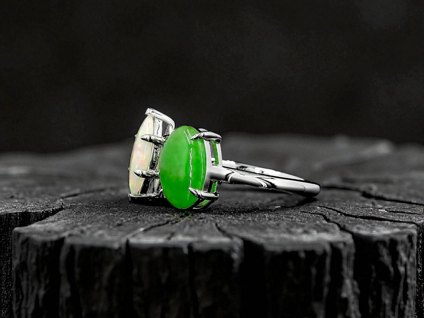 Opade Elegance Burmese A-Jadeite and Australian Opal Toi et Moi Ring Size US 7 with 14K White Gold - Certified V3