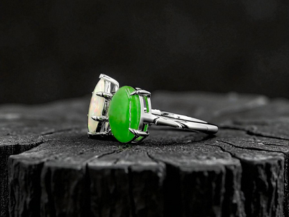 Opade Elegance Burmese A-Jadeite and Australian Opal Toi et Moi Ring Size US 7 with 14K White Gold - Certified V3