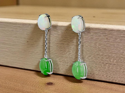 Opade Opulence Burmese A-Jadeite and Australian Opal Drop and Dangle Earrings with 18K White Gold - Certified V1