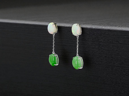 Opade Opulence Burmese A-Jadeite and Australian Opal Drop and Dangle Earrings with 18K White Gold - Certified V1