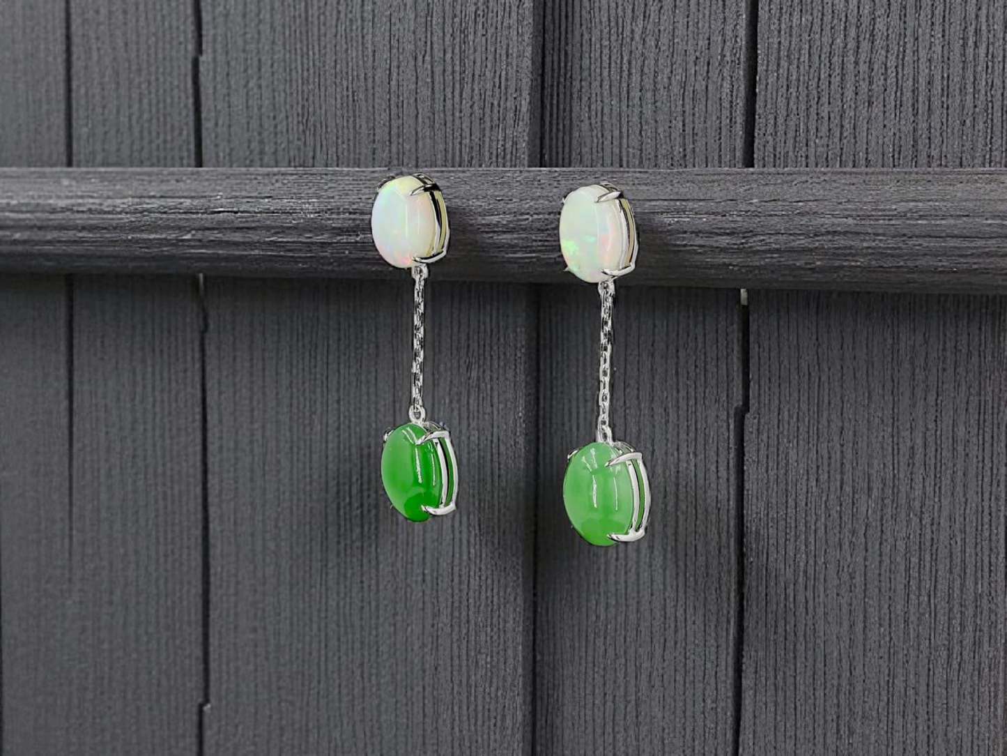 Opade Opulence Burmese A-Jadeite and Australian Opal Drop and Dangle Earrings with 18K White Gold - Certified V1
