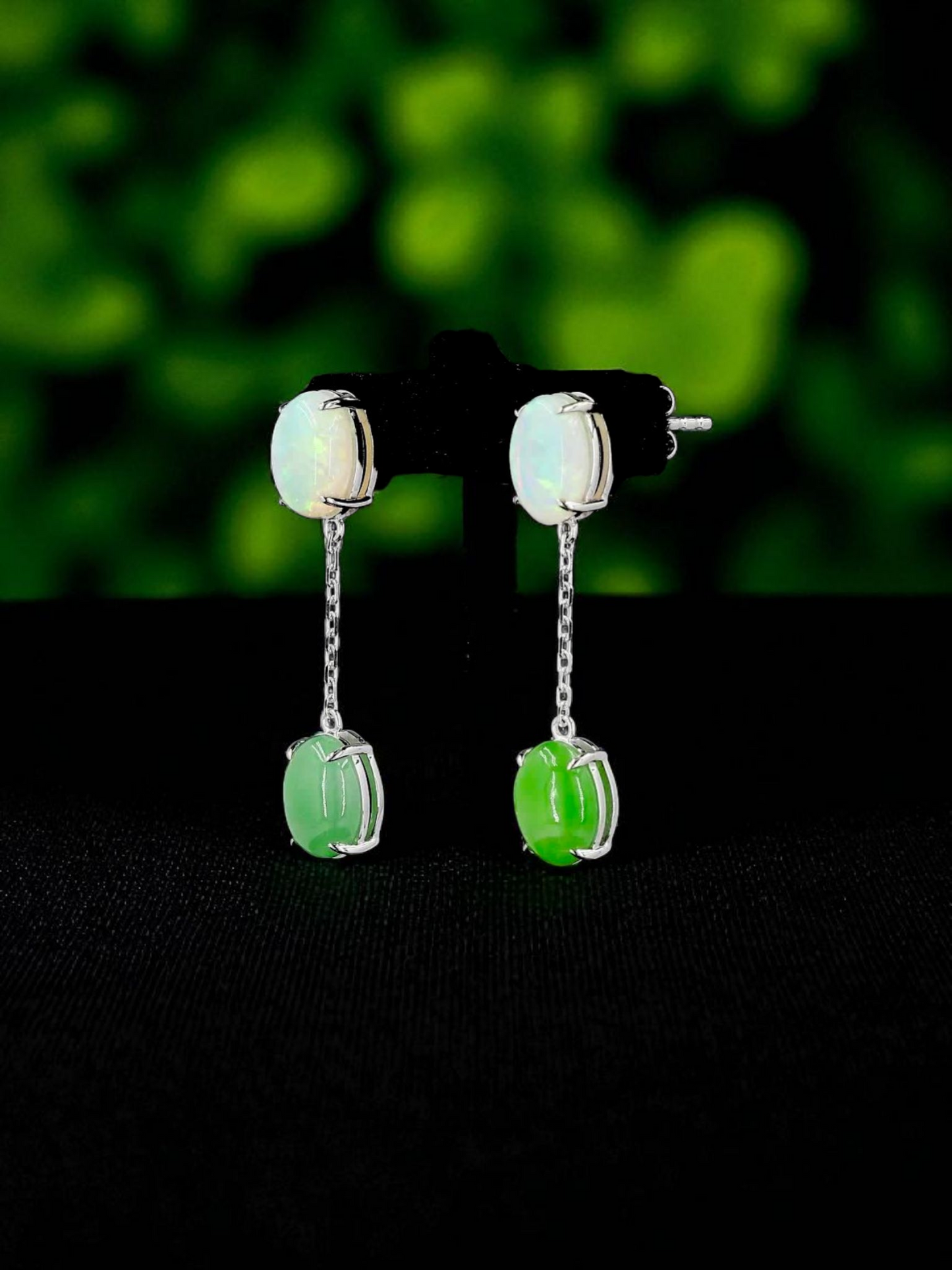Opade Elegance Burmese A-Jadeite and Australian Opal Drop and Dangle Earrings with 14K White Gold - Certified V1