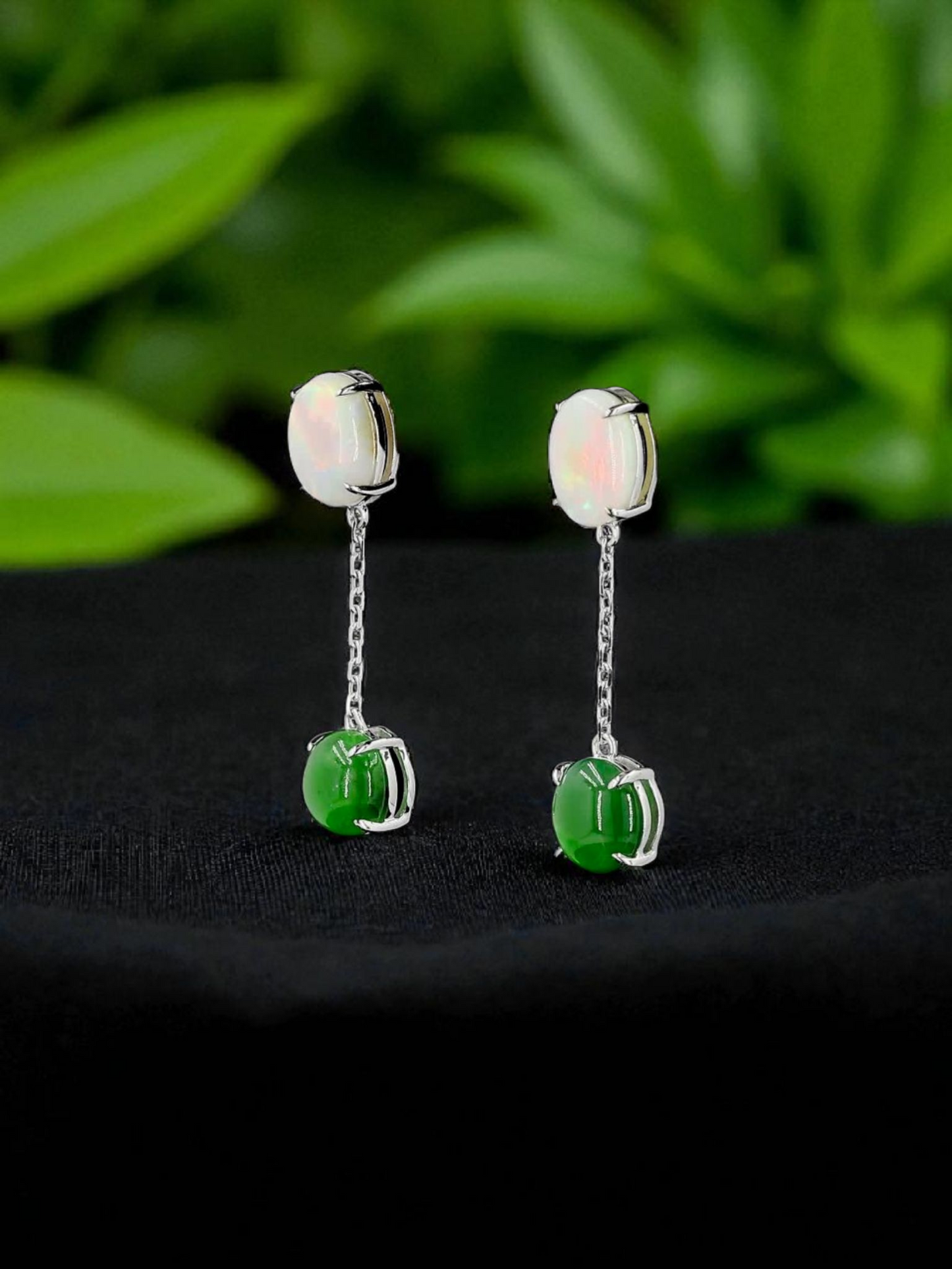 Opade Elegance Burmese A-Jadeite and Australian Opal Drop and Dangle Earrings with 14K White Gold - Certified V2