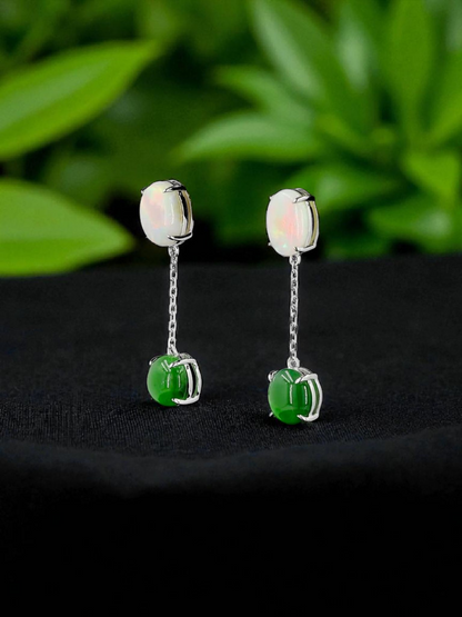 Opade Elegance Burmese A-Jadeite and Australian Opal Drop and Dangle Earrings with 14K White Gold - Certified V2