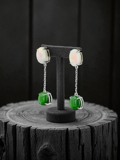 Opade Elegance Burmese A-Jadeite and Australian Opal Drop and Dangle Earrings with 14K White Gold - Certified V2