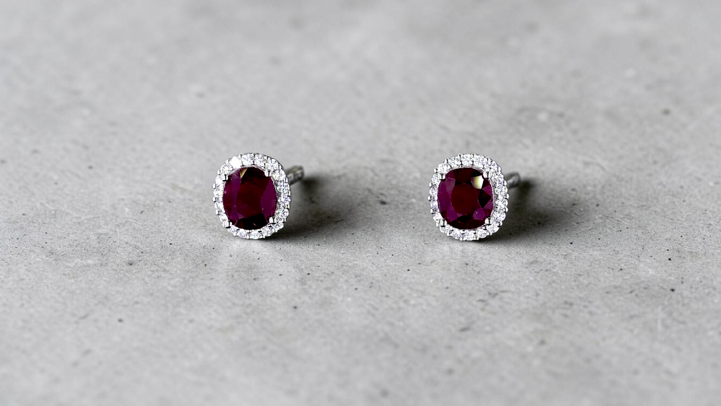 Eternal Sunshine 2.50 cts. Deep Vivid Red Ruby Stud Earrings (with Natural White Diamonds Halo and 18K White Gold) - V5