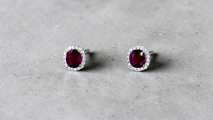 Eternal Sunshine 2.50 cts. Deep Vivid Red Ruby Stud Earrings (with Natural White Diamonds Halo and 18K White Gold) - V5