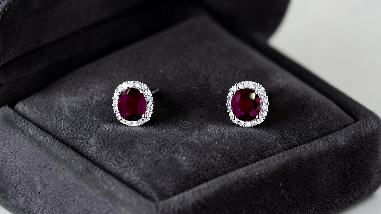 Eternal Sunshine 2.50 cts. Deep Vivid Red Ruby Stud Earrings (with Natural White Diamonds Halo and 18K White Gold) - V5