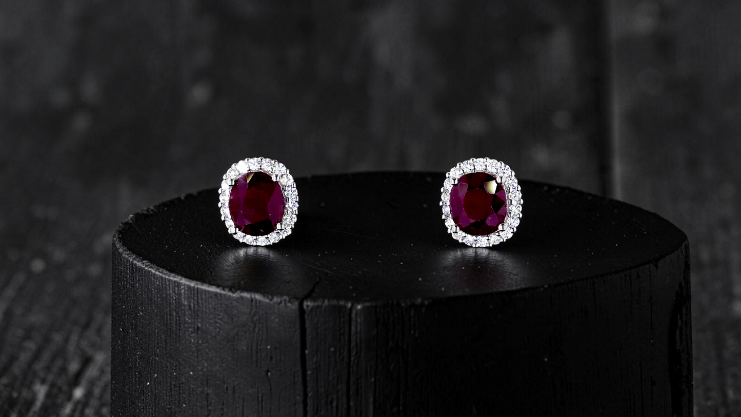Eternal Sunshine 2.50 cts. Deep Vivid Red Ruby Stud Earrings (with Natural White Diamonds Halo and 18K White Gold) - V5