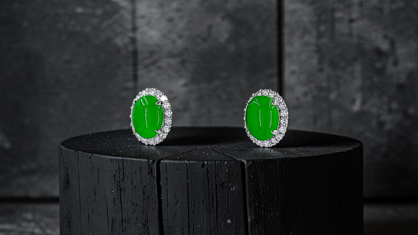 Eternal Sunshine Bright Imperial Green Burmese A-Jade Stud Earrings with Diamond Halo and 18K White Gold - Certified - V7