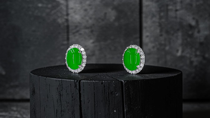 Eternal Sunshine Bright Imperial Green Burmese A-Jade Stud Earrings with Diamond Halo and 18K White Gold - Certified - V7
