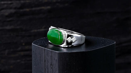 Chita MADE IN JAPAN 8.80 cts. Certified Intense Green Burmese A-Jadeite Men's Ring (18K White Gold and White Diamonds) Size US9.5  - R25