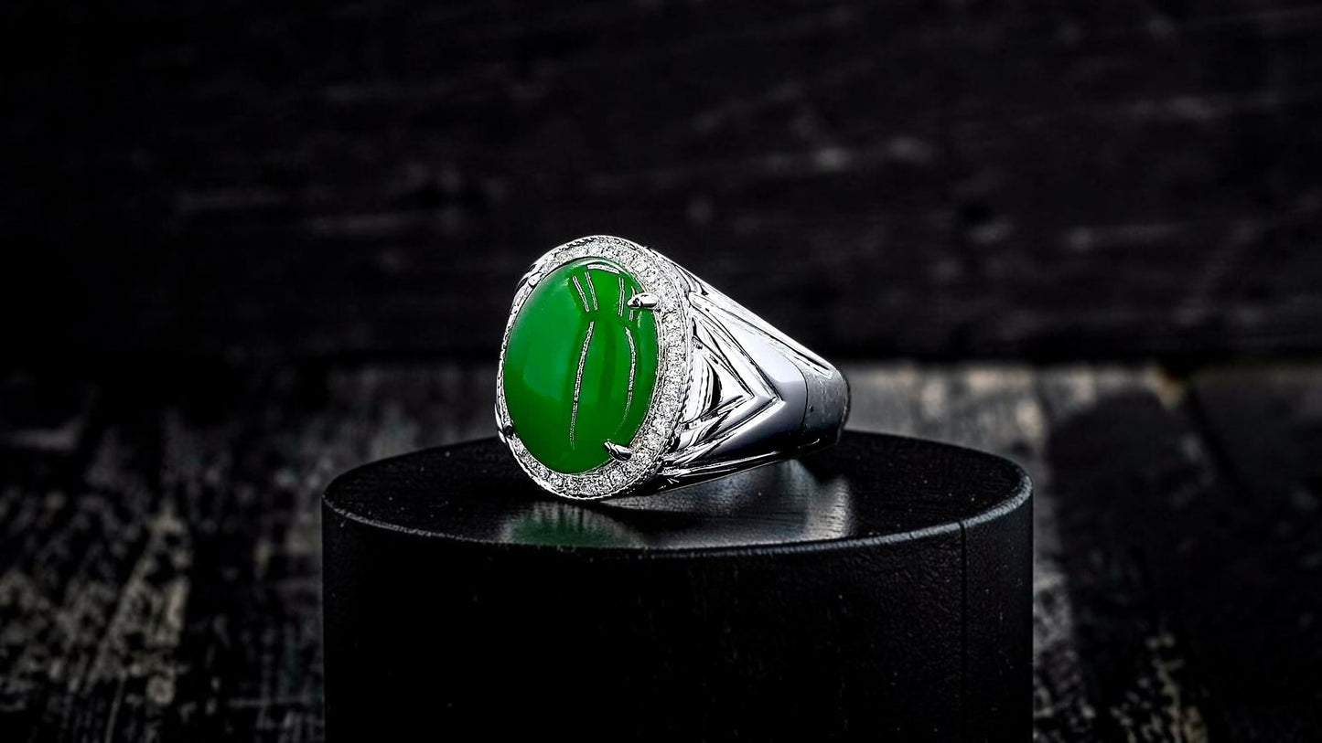 Chiba MADE IN JAPAN 7.42 cts. Certified Vivid Apple Green Burmese A-Jadeite Ring (with 18K White Gold and White Diamonds) Size US9.5  - R26