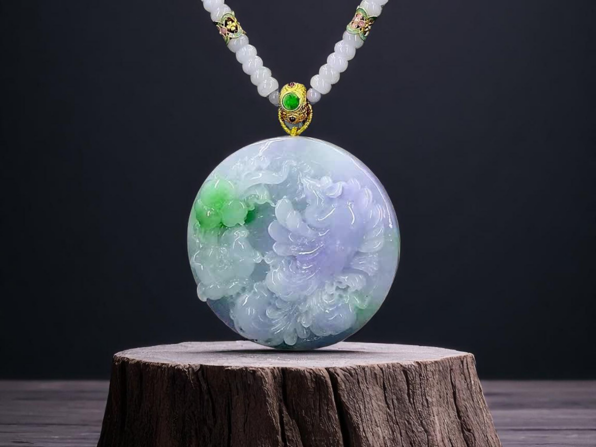Korakuen Garden Lavender and Green Burmese A Jade Necklace and