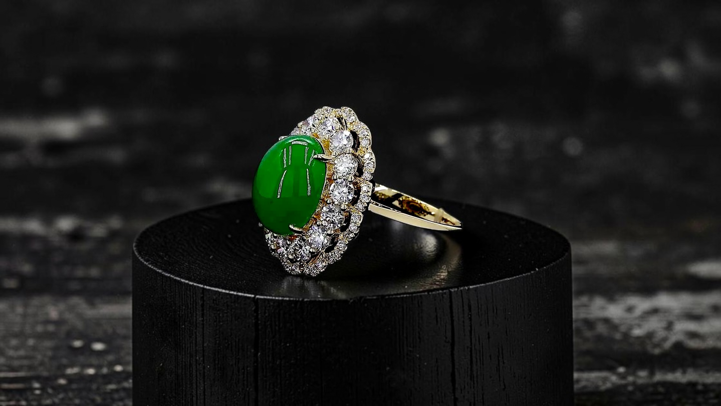 Yokote MADE IN JAPAN 6.29 cts. Certified Bright Imperial Green Burmese A-Jadeite Ring (with 18K Yellow Gold and White Diamonds) Size US7 - R28