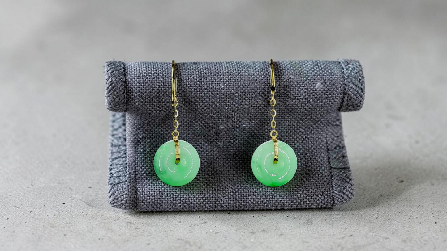 Chiryu Dangling Donut Green Burmese A-Jade French Hook Earrings (with 18K Yellow Gold) - Certified
