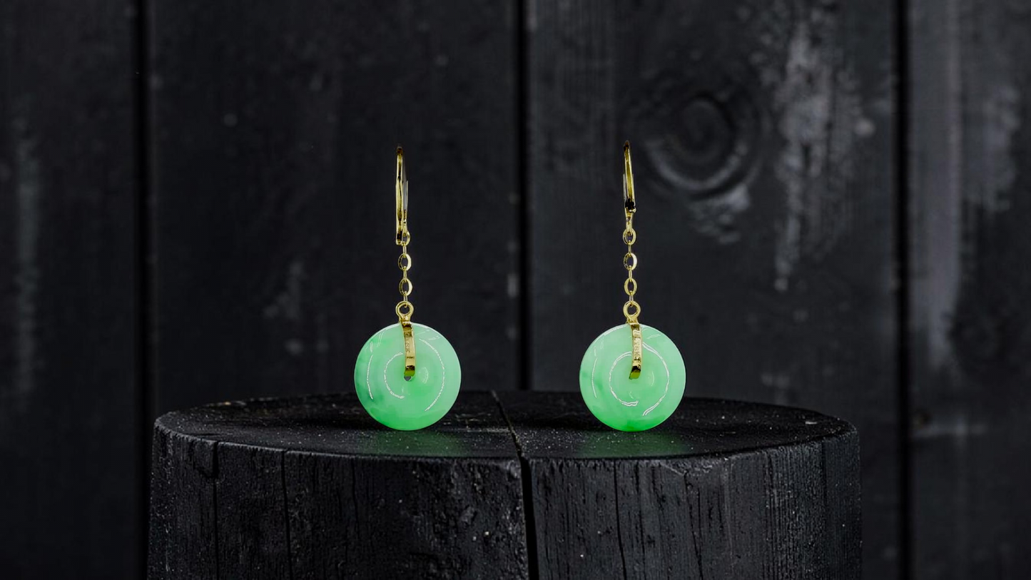 Chiryu Dangling Donut Green Burmese A-Jade French Hook Earrings (with 18K Yellow Gold) - Certified