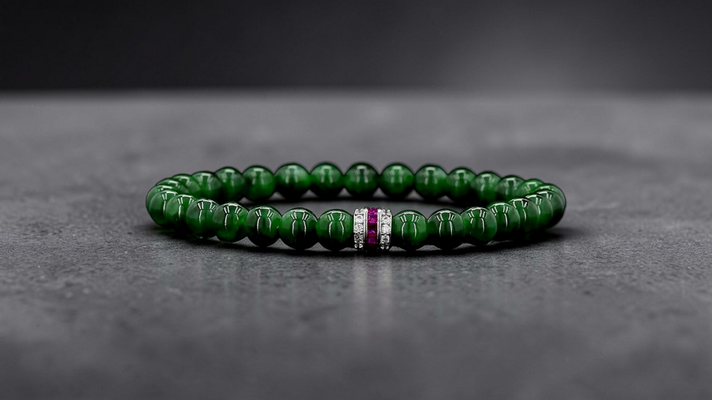 Certified Japanese Deep Apple Green Burmese A-Jade Beaded Bracelet (MADE IN JAPAN) (6 mm Each x 30 beads) 05043 (With Sterling Silver 925)