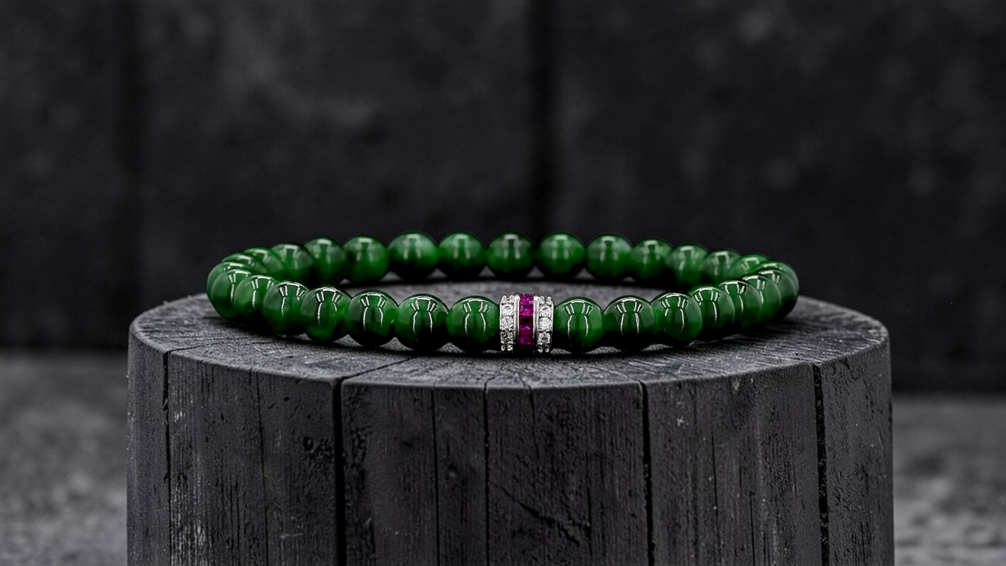 Certified Japanese Deep Apple Green Burmese A-Jade Beaded Bracelet (MADE IN JAPAN) (6 mm Each x 30 beads) 05043 (With Sterling Silver 925)
