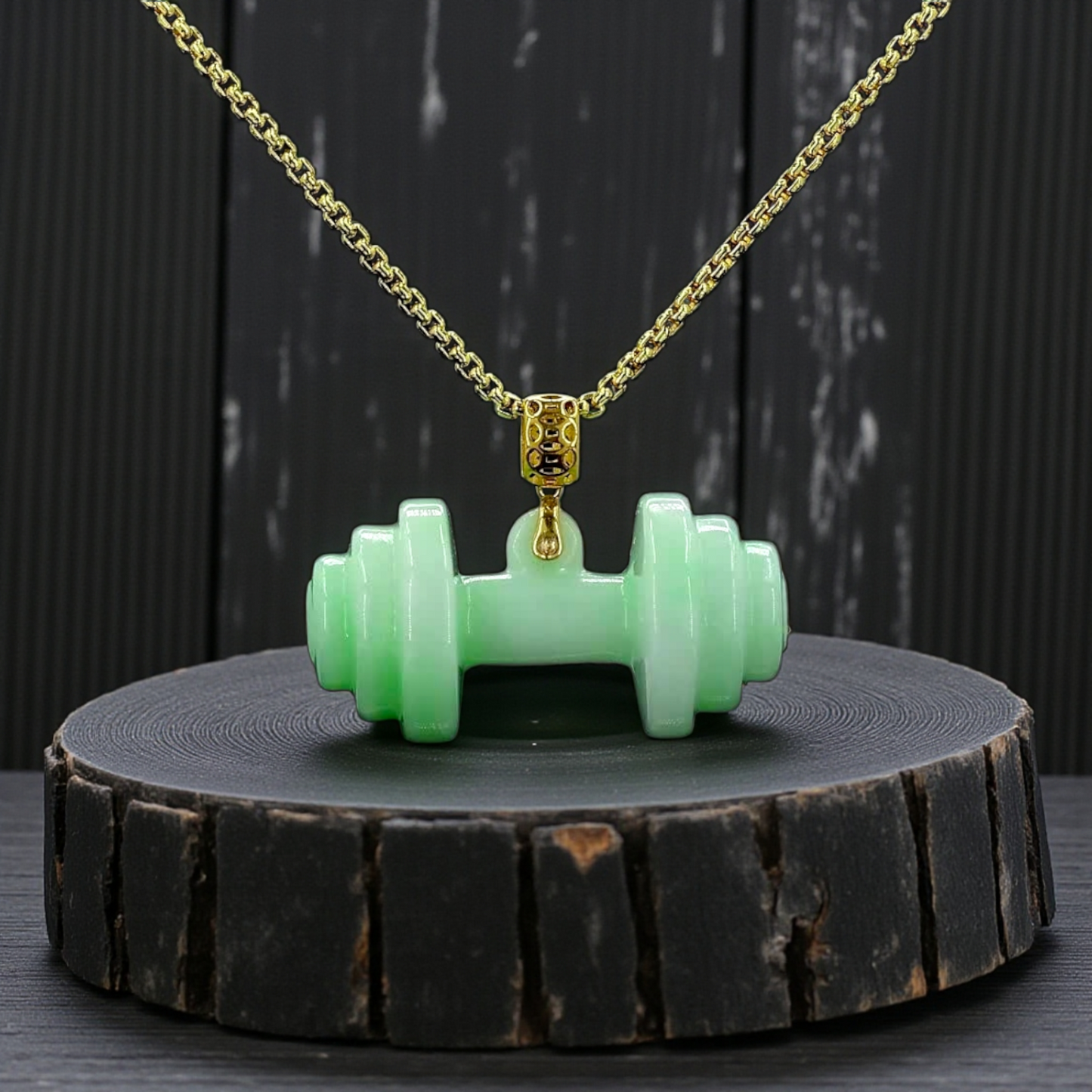 Chikara Gym Dumbbell Burmese A-Jadeite Charm Pendant (with 18K Yellow Gold)- Certified