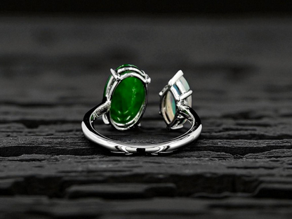 Opade Opulence Burmese A-Jadeite and Australian Opal Toi et Moi Ring Size US 6.5 with 18K White Gold - Certified V1
