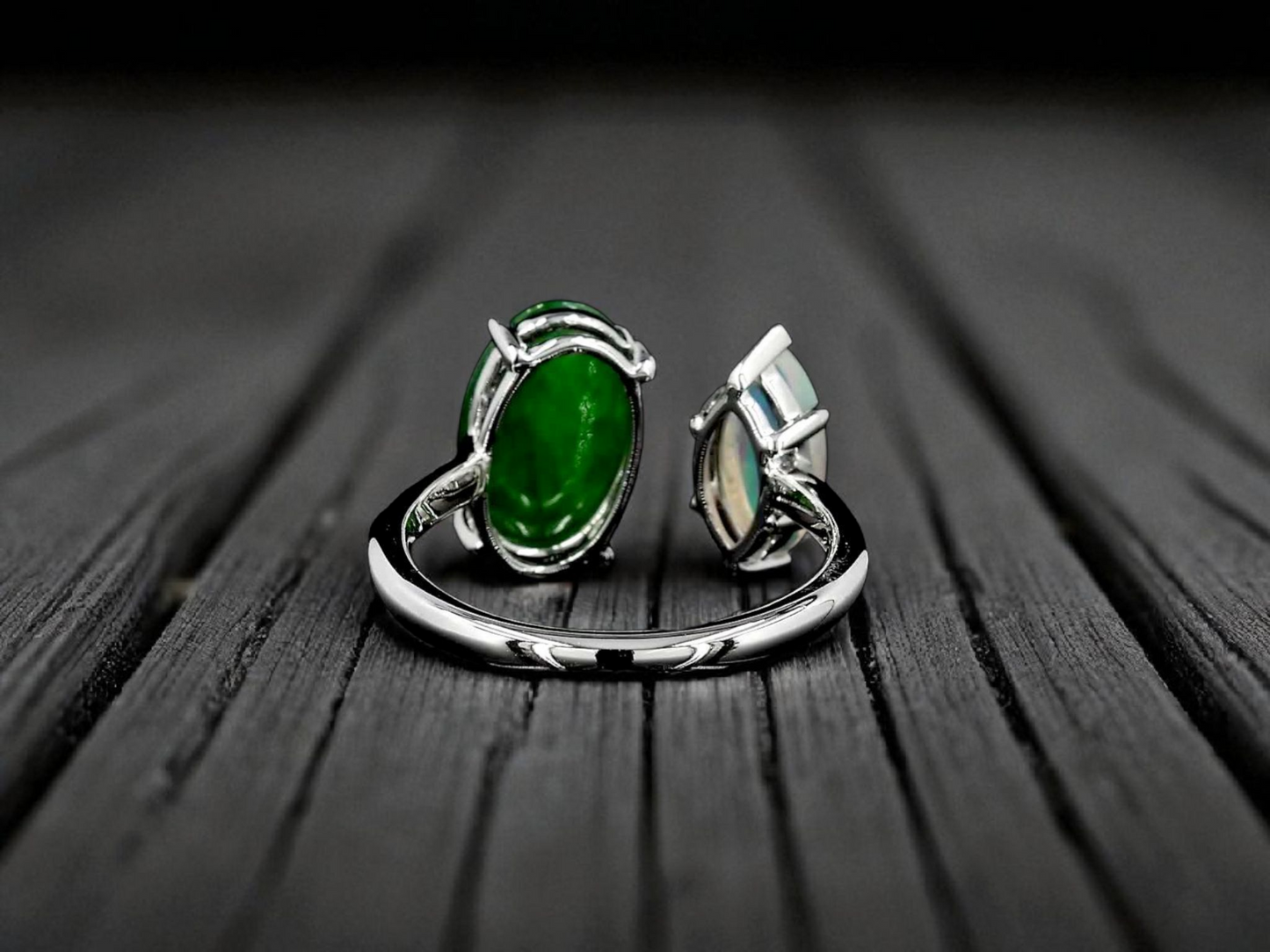 Opade Elegance Burmese A-Jadeite and Australian Opal Toi et Moi Ring Size US 7 with 14K White Gold - Certified V1