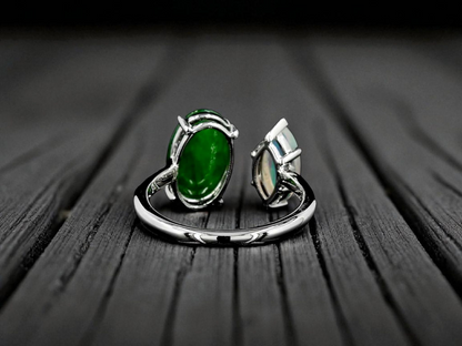 Opade Elegance Burmese A-Jadeite and Australian Opal Toi et Moi Ring Size US 7 with 14K White Gold - Certified V1