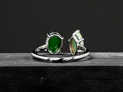Opade Elegance Burmese A-Jadeite and Australian Opal Toi et Moi Ring Size US 8 with 14K White Gold - Certified V2